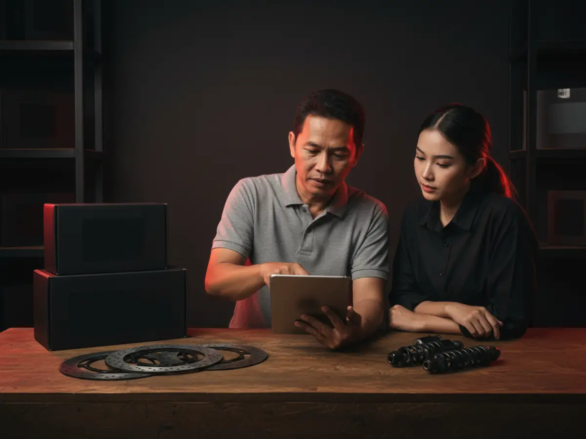 Pemilik toko dan sales membahas pricelist di tablet dengan cakram rem dan shock di meja