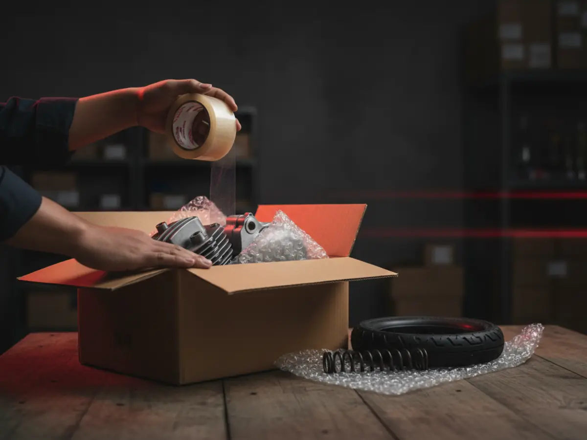 Sparepart motor dikemas ke dalam kardus dengan bubble wrap dan lakban