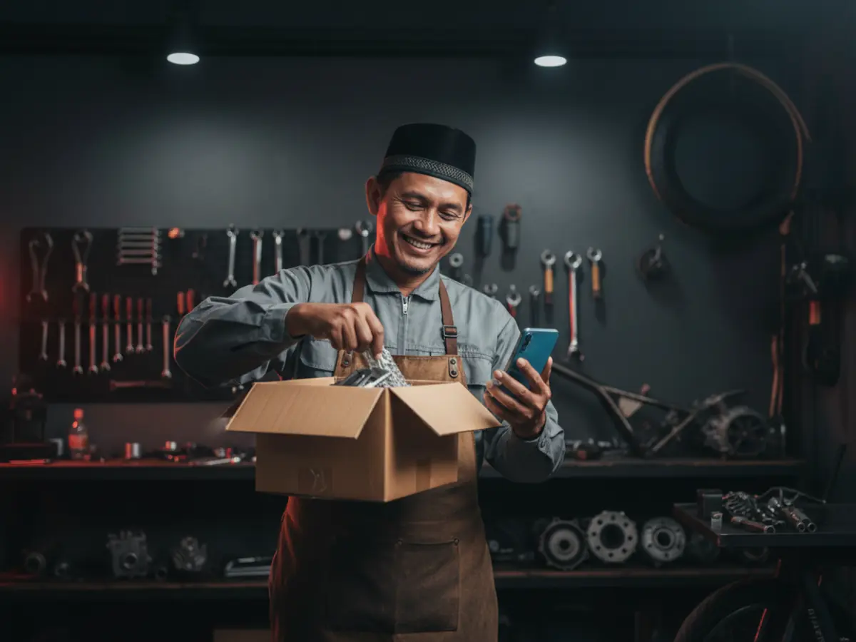Pemilik bengkel tersenyum membuka paket sparepart sambil mengecek resi di ponsel